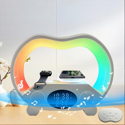 IHAO 6in1 Multi Functional Wireless Charger Bluetooth Speaker Time&Temperature Display Alarm Clock 7-Color LED Night Lights Fast Charger for Phone Apple Watch Earbuds Remote Control-White - color: Wireless Charger Alarm Clock Zs932 White