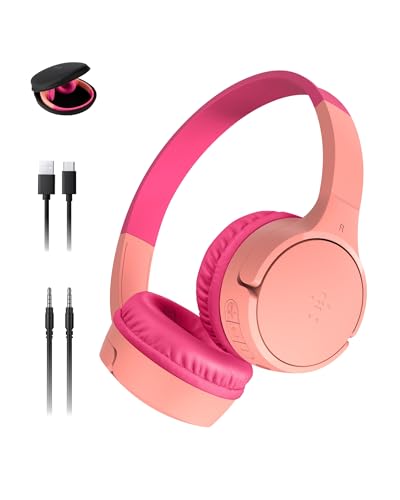 Belkin SoundForm Mini Bluetooth Kids Headphones with Case, 30H Battery Life | Toddler headphones, carrying case included, 85dB volume limiter, built-in mic, iPad, Android tablet, school - color: Pink, style: Wireless (USB-C) + Case
