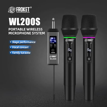 UHF Wireless Microphone System, 99-Ch Dual Handheld Mics RGB | UHF Wireless Mic System, Dual Handheld, 99 Ch, Cardioid, RGB, Plug&Play, 50m Range, Rechargeable
