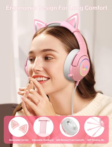 PHNIXGAM Gaming Headset - Removable Cat Ears, RGB/Retractable Mic (A Pink) | Wired 3.5mm surround sound gaming headphone, compatible with PC, PS4, PS5, mobile, cute light pink design - color: A Pink 3.5mm