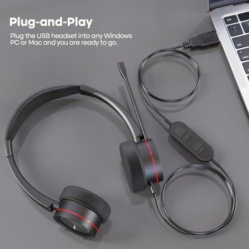 MKJ USB Headset with Microphone for Work, Wired Computer Headset for Business Calls, Noise Canceling Call Center Headphone for Office PC, Laptop, Zoom, Teams, Webinars, Softphones, Virtual Learning