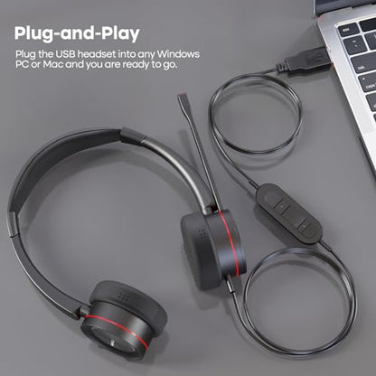 MKJ USB Headset with Microphone for Work, Wired Computer Headset for Business Calls, Noise Canceling Call Center Headphone for Office PC, Laptop, Zoom, Teams, Webinars, Softphones, Virtual Learning