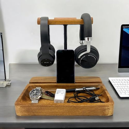 Dual Headphone Stand, Acacia Wood Holder for 2 Headsets, Phone & Tablet | Solid 1.5 in thick acacia wood dual headphone holder & device slot stand with tray for phone & tablet, office desk organizer - style: Dual Headphone Stand