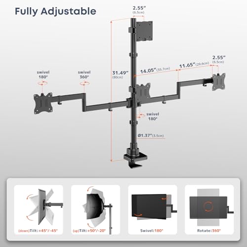 Quad Monitor Mount for up to 49 inch Ultrawides on Top and 27 inch Screens on Lower Brackets,Heavy Duty,Fully Adjustment, Holds up to 44 lbs, VESA 75x75/100x100 mm,Black - size: 49inch