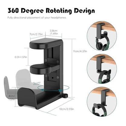 Rotating Headphone Hook - Under Desk Headphone Holder with 360-Degree Adjustable Rotation&Cable Clip Organizer - Black