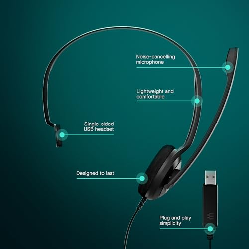 EPOS PC 7 USB Wired Headset – Lightweight Noise-Cancelling Boom Mic, Wideband Audio, Plug-and-Play USB-A, Crystal-Clear Calls for Skype, Zoom & Teams – Compatible with Windows, macOS, Chromeboo, Black - size: 1 Count (Pack of 1)