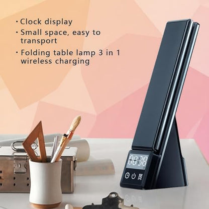 AYI Multi-Functional Wireless Charging Lamp with LED Display, Alarm Clock, 3 Color Light Modes, Foldable & Portable, 15W Fast Wireless Charger Stand for Smartphones, Smartwatches, Earbuds, N61 Black. - color: Wireless charger Table lamp N61 Black