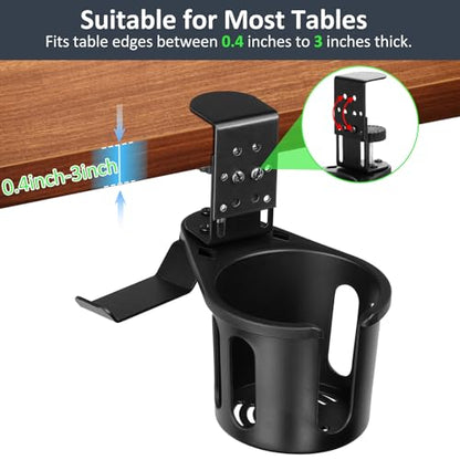 Desk Cup Holder Clamp 2 in 1 Clip On Table Cup Holder with Headphone Hanger | Rotatable Anti-Spill Water Bottle Stand Drink Coffee Mug Storage, Office Accessories for Home and School - color: Black-1 with Headphone Hanger