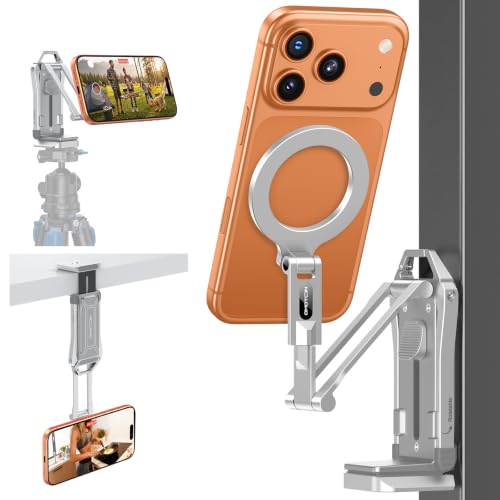 OMOTON TP02-Pro Magnetic Phone Holder, 5-in-1 Tripod Stand with Rear Attachment Plate | Desk, Kitchen, Gym, Vlogging | iPhone 12-17 Series, Silver - color: 6-Silver