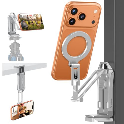 OMOTON TP02-Pro Magnetic Phone Holder, 5-in-1 Tripod Stand with Rear Attachment Plate | Desk, Kitchen, Gym, Vlogging | iPhone 12-17 Series, Silver - color: 6-Silver