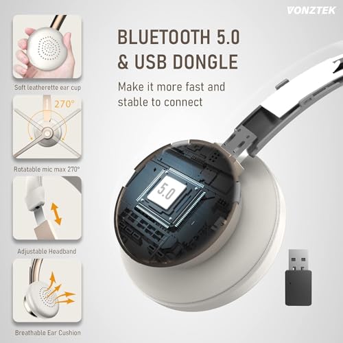 Wireless Headset, Bluetooth Headphones with Microphone Noise Canceling & Mute, 5.0 Trucker Bluetooth Headset with Mic/USB Dongle for Cell Phone Computer Work Office Teams Meeting Call Center