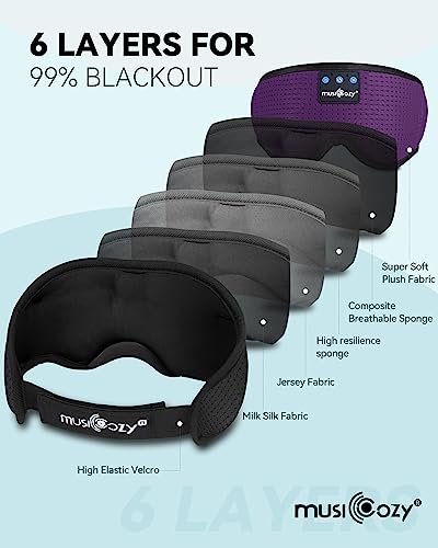 MUSICOZY Sleep Headphones Bluetooth 5.4 Sleep Mask with HD Sound | Breathable Flat Design with Cooling Lining, Washable Headband, 14 Hours Playtime for Travel Meditation Relaxation Gifts - color: Light Purple