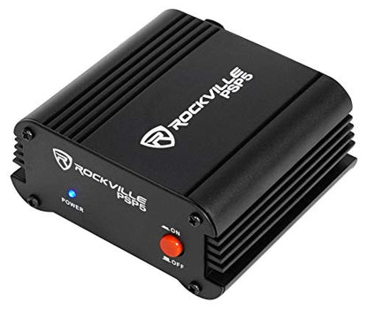 Rockville RCM01 Condenser Microphone Bundle with PSP5 Phantom Power Supply | 25mm Cardioid, XLR and 3.5mm Cables, PSP5 48V Phantom Power for 4 Mics, Shock Mount, Windscreen, Podcast Streaming, 2-Items
