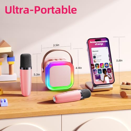 Kinglucky Mini Karaoke Machine for Kids, Top Birthday Gift Pick for Girls Ages 3, 4, 5, 6, 7, 8, 9, 10, 11, 12 Years Old, Kids' Personal Video Players Accessories with 2 Mics Singing Present Toy Pink - color: Pink