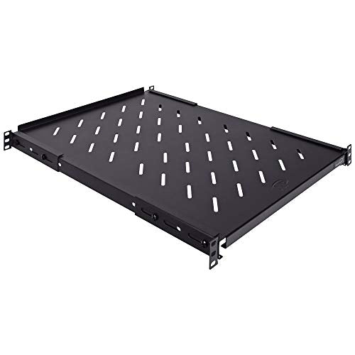 Vented 4-Post Shelf, Adjustable, Black, 650 mm Depth, 1U, 242 lbs, Cold Rolled Steel, CE Compliant - size: 26" Deep