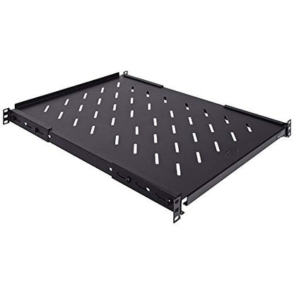 Vented 4-Post Shelf, Adjustable, Black, 650 mm Depth, 1U, 242 lbs, Cold Rolled Steel, CE Compliant - size: 26" Deep