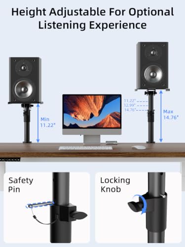 suptek Clamp-on Speaker Stand Desk Mount, Height Adjustment, Swivel, Tilt, 9.6 x 8.8 in Trays, Universal Audio Holders for Bookshelf Speakers, Elevated Sound, Against the Wall, 2 Pack, Black, SDM001KT - color: Black, size: Tilt Speaker Stands Against the