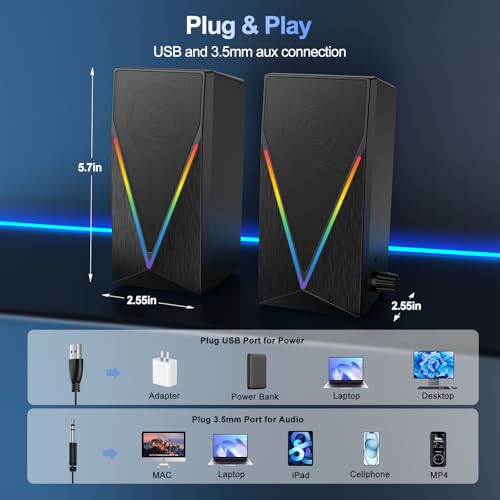 Computer Speakers, Desktop PC Speakers with 6 Colorful RGB Lights, Headphone Jack, Enhanced Bass and Volume Control, USB Powered & 3.5mm Aux Gaming Speakers for Laptop Monitor PC Tablet Phone