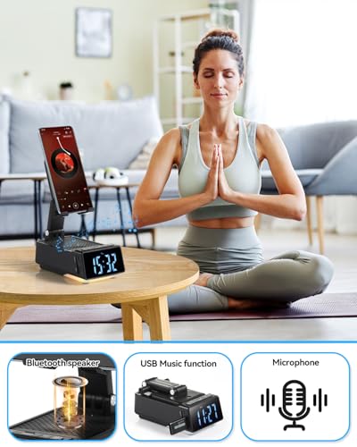 Birthday Gifts for Women Men, 7 in 1 Multi-Function Phone Stand with Bluetooth Speaker, Portable Charger Alarm Clock LED Light USB Playback Hands-Free Calling (Black) - size: F30