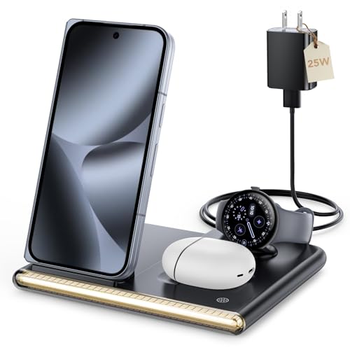 3 in 1 Wireless Charging Station with Night Light for Google Pixel Watch 4 | Google Wireless Charger for Pixel 10, Night Light Charging Dock, Travel Pixel Phone Charger Stand(Only for Google Watch 4) - color: Black