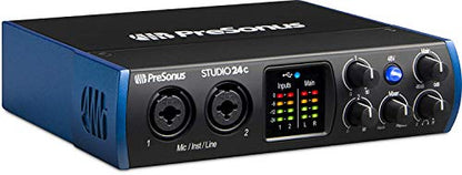 PreSonus Studio 24c 2×2 USB-C Audio/MIDI Interface + Studio One Artist DAW + Cardioid Condenser Microphone Kit with XLR Cable Shockmount Pop Filter Mic Stand and Headphones Bundle
