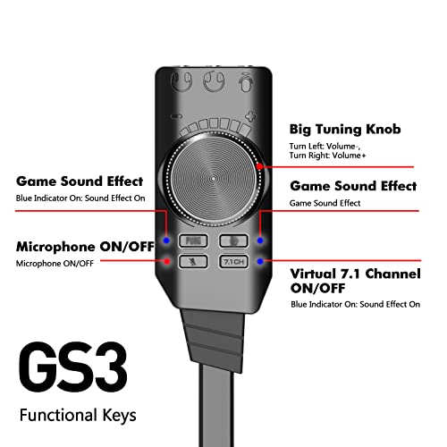 Sound Card, GS3 USB 2.0 External Sound Card Virtual 7.1 Channel Sound Card Adapter Plug and Play with Headphone Microphone Jacks Control Mute Mic Games Sound Effect Upgrade Version for Desktop