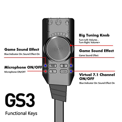 Sound Card, GS3 USB 2.0 External Sound Card Virtual 7.1 Channel Sound Card Adapter Plug and Play with Headphone Microphone Jacks Control Mute Mic Games Sound Effect Upgrade Version for Desktop