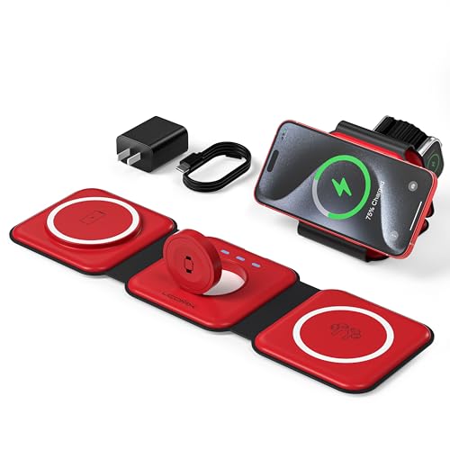 3 in 1 Charging Station for Multple Devices,Foldable 3 in 1 Wireless Charger for Travel,Nano Wireless Charging Station for iPhone16 15 14 13 12 Pro Max/Watch 10 9 8 7 6 5 4 3 Ultra/AirPod Pro - color: Red