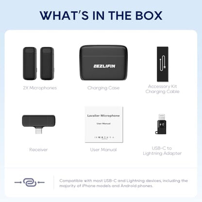Mini Microphone for iPhone and Android, Wireless Microphones with Charging Case, USB-C&Lightning Compatible, 3 Noise Cancellation Modes, Lavalier Mic for Vlogging&Podcast, 2*20H Battery Life