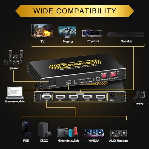 CORSAHD 8K@60Hz 4K@120Hz HDMI2.1 Splitter 1 in 4 Out with Audio Extractor,HDCP2.3,Supports SPDIF 5.1Ch,VRR,ALLM,HDCP Bypass,EDID,Duplicate,Downscale,HDR,Dolby Vision Atmos,Soundbar,Capture Card