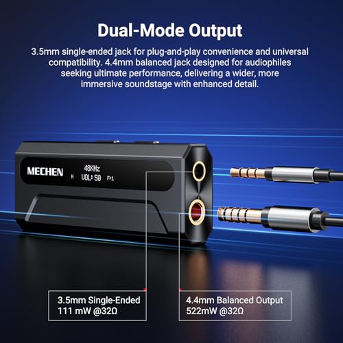 MECHEN AP10 USB DAC 동글 3.5mm/4.4mm HiFi Amp 밸런스 블랙 | ES9028Q2M+ES9603Q 칩셋, PCM384K/DSD256, 4.4mm 밸런스 522mW@32Ω, 3.5mm SE 111mW, SNR 120dB, 아이폰/안드로이드용 USB-C