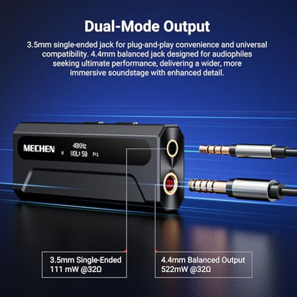 MECHEN AP10 USB DAC 동글 3.5mm/4.4mm HiFi Amp 밸런스 블랙 | ES9028Q2M+ES9603Q 칩셋, PCM384K/DSD256, 4.4mm 밸런스 522mW@32Ω, 3.5mm SE 111mW, SNR 120dB, 아이폰/안드로이드용 USB-C