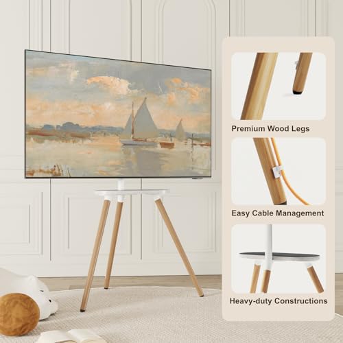 Tripod TV Stand for 43-65" TVs, Swivel, White | Height-adjustable easel TV stand, wood media shelf, cable management and VESA up to 400x400 - color: White, size: 43–65 Inch TVs