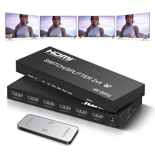 4K@60Hz HDMI Switch Splitter 2 in 4 Out with Remote, SPDIF and 3.5mm Audio | HDMI Matrix Supports HDR10, HDCP2.2 and 3D for PS5/4,Xbox,Fire Stick,etc