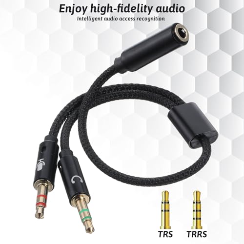 Headphone Splitter for PC, Braided 3.5mm TRRS Female to Dual TRS Male Headset Splitter, Y Audio Splitters Cable Cord for Gaming Headphone Microphone Computer Speaker Laptop, Black