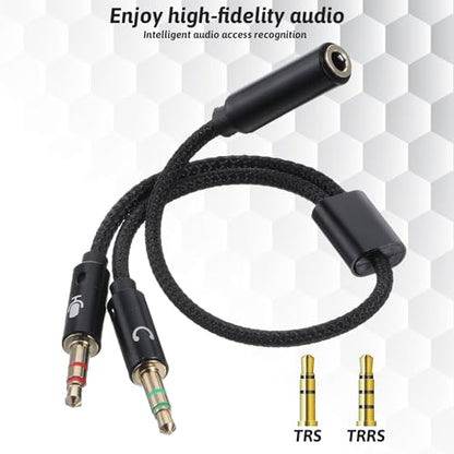 Headphone Splitter for PC, Braided 3.5mm TRRS Female to Dual TRS Male Headset Splitter, Y Audio Splitters Cable Cord for Gaming Headphone Microphone Computer Speaker Laptop, Black