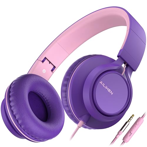 아동용 유선 헤드폰, 마이크 포함, 여학생, 3.5mm, 퍼플 핑크 | 온 이어 헤드셋 및 볼륨 컨트롤 접이식 유선 컴퓨터 크롬북 어린이 청소년 교실 온라인 학습 여행용 - color: 퍼플 핑크, size: 미디엄