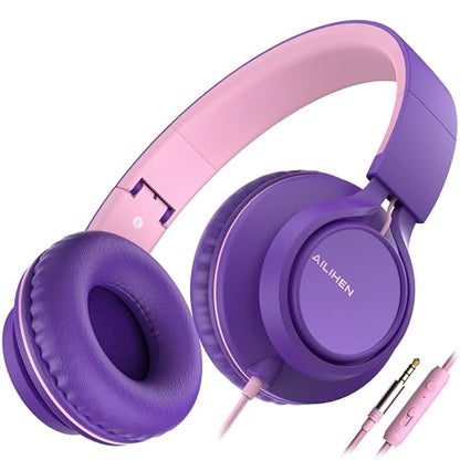 아동용 유선 헤드폰, 마이크 포함, 여학생, 3.5mm, 퍼플 핑크 | 온 이어 헤드셋 및 볼륨 컨트롤 접이식 유선 컴퓨터 크롬북 어린이 청소년 교실 온라인 학습 여행용 - color: 퍼플 핑크, size: 미디엄