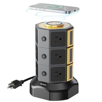 Power Strip Tower, SUPERDANNY Surge Protector Tower with 15W Wireless Charger, 1050J, 13A Charging Station with 12 AC Outlets & 6 USB Ports (2 USB C), 6.5ft Extension Cord for Home Office Dorm, Gold | Surge Protector Tower, Charging Station with 12 AC Out