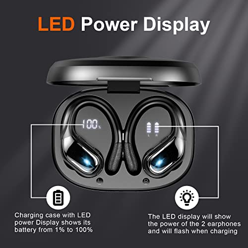 Ltinist Wireless Earbud, Bluetooth 5.3 Headphones Pure Bass Sound with Earhooks, 75H Battery Over Ear Headphones with Dual-LED Display, IP7 Waterproof Earphones Built-in Microphone for Running Sports - color: carbon black