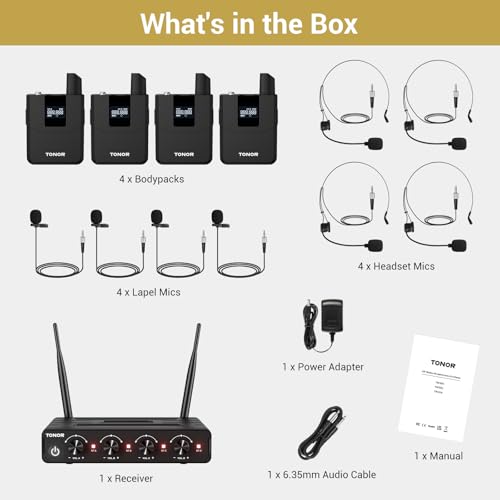 TONOR Wireless Microphones System with UHF Headset/Lavalier Lapel Mics, Bodypack Transmitter, Receiver, 4 * 10 Channels, 60 m/200ft Range for Church Conference Performance Singing Karaoke PA Speaker - style: 4 Bodypack Mics