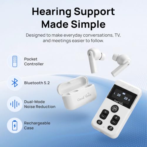 OKB Hearing GV-SA0360 OTC In-Ear Hearing Aid, True-Wireless with Pocket Controller Ear-Extension for TV & Meetings, Dual-Mode Noise Reduction, Charging Case, Bluetooth 5.2, Adults 18+ (Polar White)