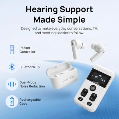 OKB Hearing GV-SA0360 OTC In-Ear Hearing Aid, True-Wireless with Pocket Controller Ear-Extension for TV & Meetings, Dual-Mode Noise Reduction, Charging Case, Bluetooth 5.2, Adults 18+ (Polar White)