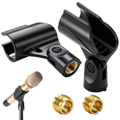 2-Pack Microphone Clip Holder，Adjustable Mic Clip with 5/8 to 3/8 Inch Screw Adapter, Universal Microphone Holder for Mic Stands and Wireless, Dynamic Mic Accessory