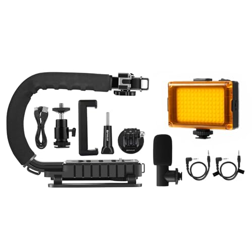PULUZ U/C Shape Portable Handheld Bracket Stabilizer Kits Handle Grip + LED Studio Light + Video Microphone Kit with Cold Shoe Tripod Head for All SLR Cameras and Home DV Camera Smartphones - style: stabilizer kits 4