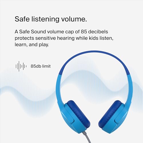 Belkin SoundForm Mini Wired Kids Headphones, On Ear, 3.5mm | Toddler headphones, built-in mic, 85dB safe volume limit, durable design, online learning, classroom, travel - color: Blue, style: Wired