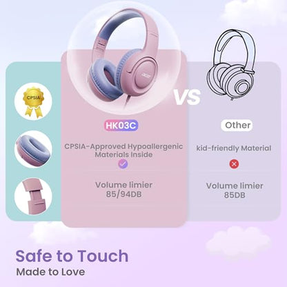 Acer USB‑C Kids Headphones for School, 85‑94dB Limiter, w/Mic HK03C | Foldable Wired Over Ear Headphones, for Toddler School/Travel/iPad/Tablet, Purple‑Pink - color: USB-C Purple Pink