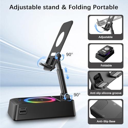 Gifts for Men Women, Cell Phone Stand with Wireless Bluetooth Speaker, 4 in 1 Bluetooth Speaker, for Men Women Teens, LED Lights 360° Phone Holder Compatible with Phones iPad - color: Jet Black