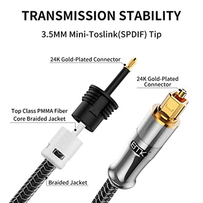 EMK 24K Gold-Plated Toslink to Mini Toslink Cable (5ft/1.5M) - Digital Optical Audio Cable with 3.5mm Mini Plug for Soundbar, Home Theater, TV - Silver SPDIF Fiber Optic Cable - color: Silver, size: 5 Feet/1.5M, style: 3.5MM Mini Toslink