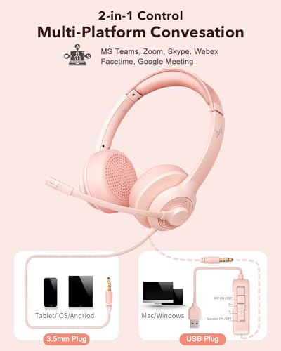 JIAMQISHI USB Headset with Microphone for PC, On-Ear Computer Laptop Headphones with Noise Cancelling Mic in-line Control for Home Office Online Class Zoom (USB+3.5mm, Pink) - color: Pink, style: USB+3.5mm